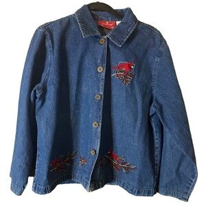 Vintage Holiday Lodge Embroidered Beaded Cardinals Button Jean Jacket Sz XL